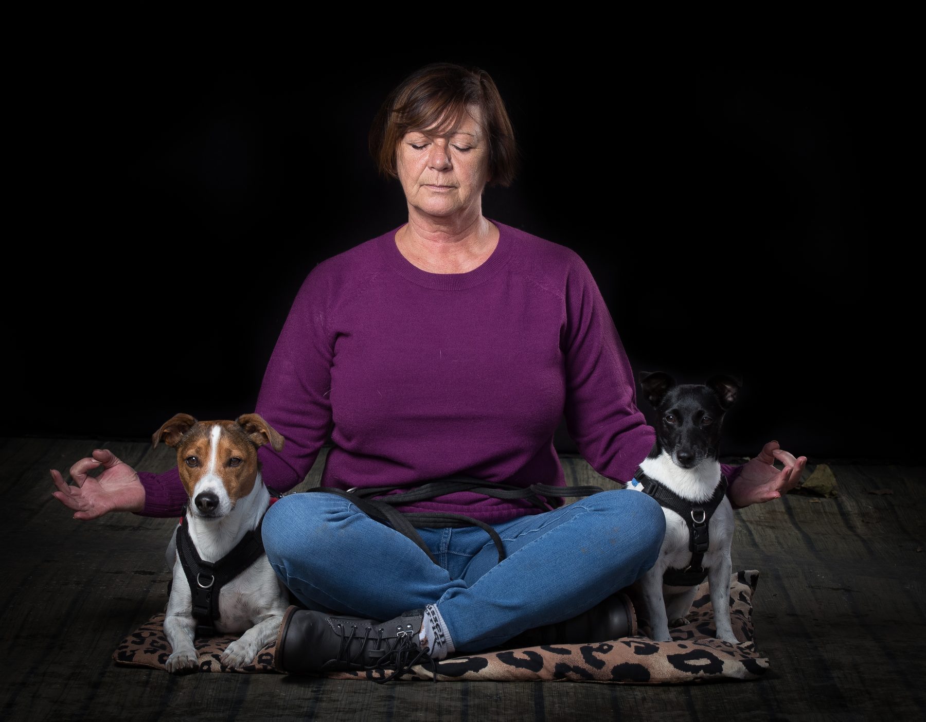 Dawn sitting in stillness with her palms open, Mylo and Millie lying either side of her