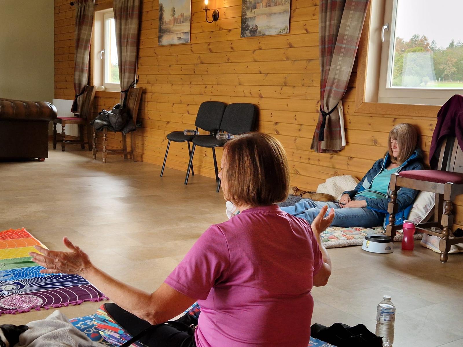 A retreat session with participants and dogs resting in a timber-lined room